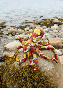Octopus Soft Sculpture - Abstract Red and Yellow with Gold Foil Fabric