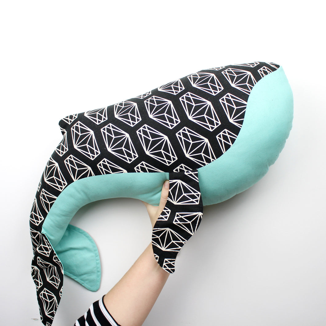 Large Whale Pillow - B&W/Turquoise